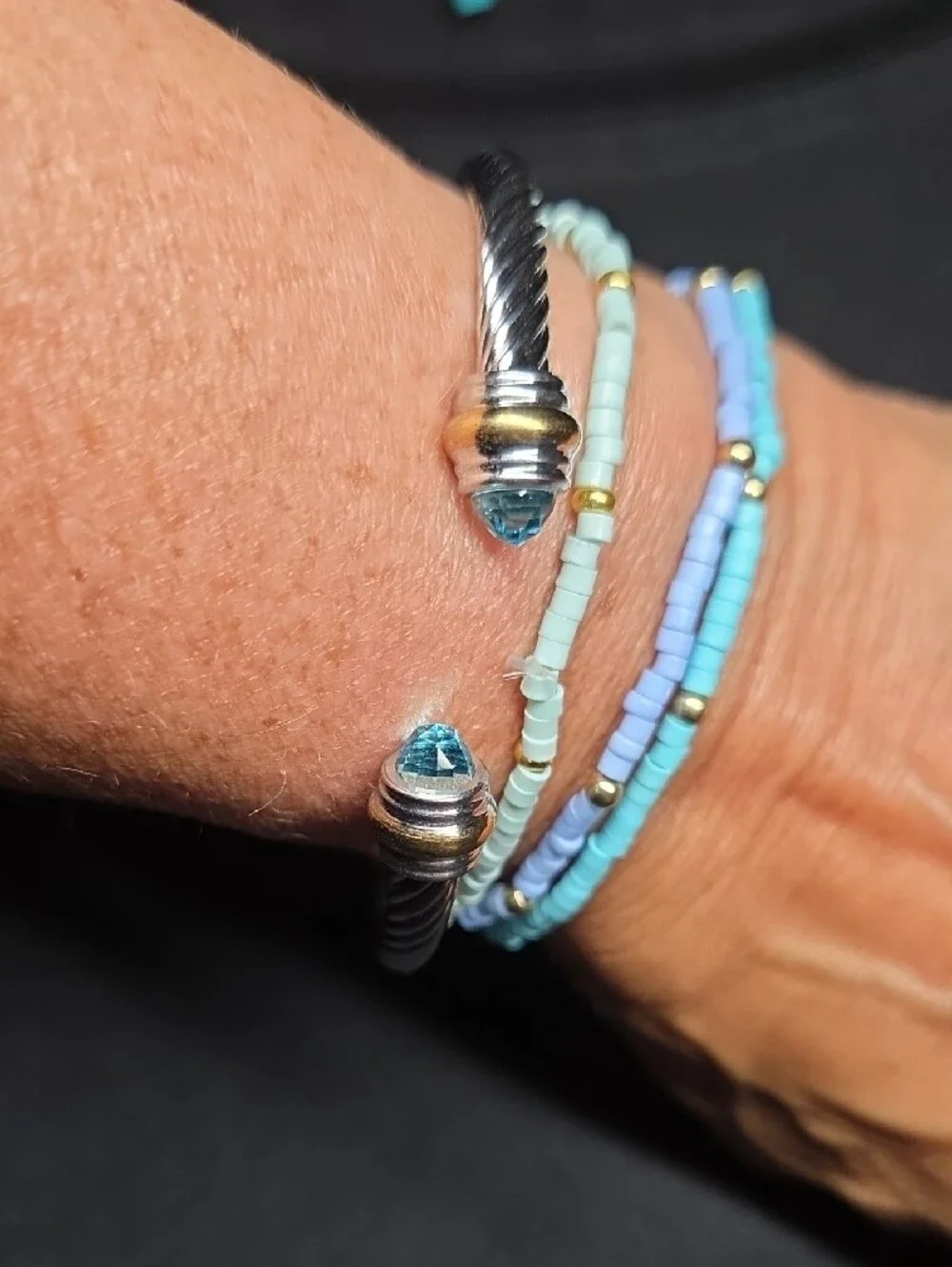 (Blue) Twisted Cable Cuff Bracelet with Crystal End Caps